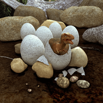 A Picture of a Baby Dinosaur and Dinosaur Eggs