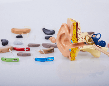 A picture of hearing aids and an ear model