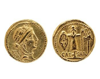 A picture of a Roman Aureus Gold Coin with Julius Caesar