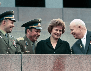 A photo of Valentina Tereshkova with Soviet leaders celerbrating her achievements