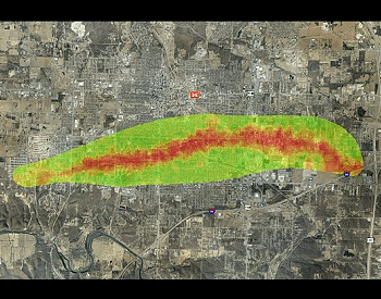 A satellite heat map showing the area damaged by the 2011 Joplin Tornado.