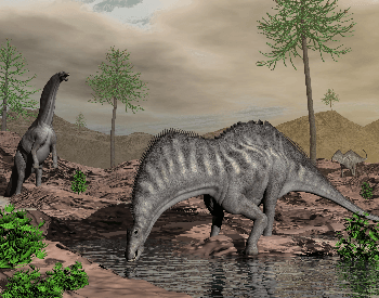 A picture of a Amargasaurus drinking some water