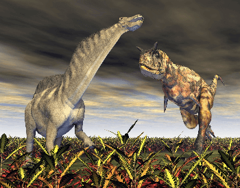 A picture of a Amargasaurus near a big predator