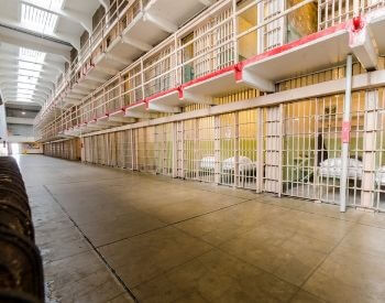 A picture of a cellhouse block inside of Alcatraz