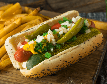 A picture of a Chicago style dog