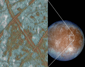 A photo of Europa with a really nice close-up view of the surface.