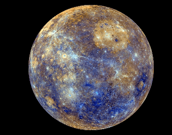 A colorful picture of the planet Mercury from the Messenger probe in 2008.
