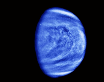 A blue colorized photo of Venus to enhance the view of its clouds.