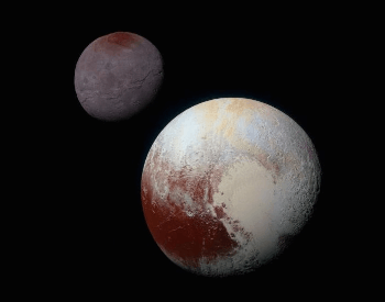 A photo comparing the planet Pluto and its moon.