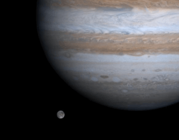A beautiful picture of Ganymede in orbit around the planet Jupiter.