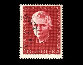A picture of a stamp with Marie Curie on it