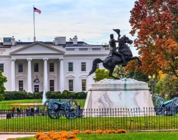 A picture of a statue in front of the White House