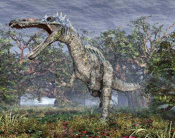 A picture of a Suchomimus in a forest