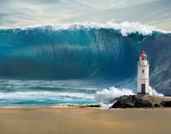 A picture of a lighthouse getting hit by a tsunami