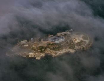 An above ariel picture of Alcatraz and Alcatraz Island