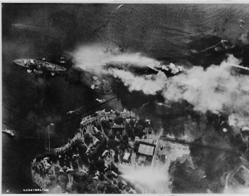An aerial view of Battleship Row as the Japanese attacked Pearl Harbor