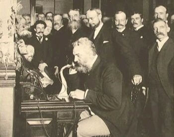 A picture of Alexander Graham Bell and the first long distance line