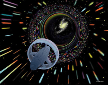 A picture of an artist's rendition of traveling through a wormhole