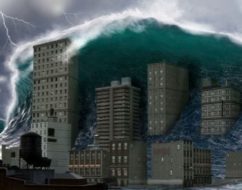 An illustration of a city being hit by a tsunami