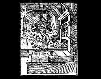 An illustration of an early wooden printing press in 1568