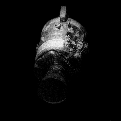 A picture of the damaged service module from Apollo 13