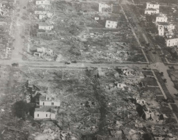 An ariel view of damage in Canton, Illinois from the Tri-State Tornado