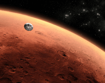 A artist's concept of the Rover Curiosity approaching mars.