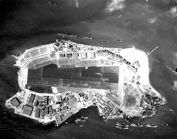 An aerial picture of Battleship Row at Pearl Harbor about a month before the attack happened