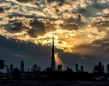 A picture of Burj Khalifa as the sun is setting