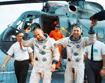 A photo of Buzz Aldrin after he returned from the Gemini 12 mission (far left)