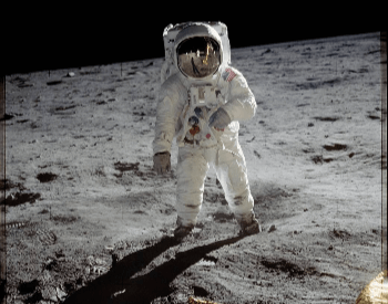 A photo of Buzz Aldrin walking on the surface of the moon during Apollo 11