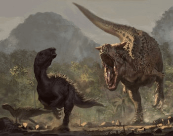 A drawing of a Carnotaurus Attacking a Group of Iguanodons