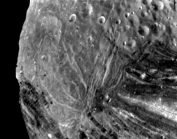 A close-up picture of the craters on Miranda