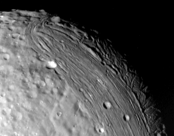 A close-up picture of the surface of Miranda