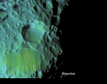 A color-enhanced photo of the moon Hyperion