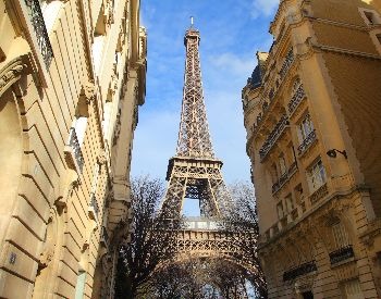 A picture of the Eiffel Tower from the street in Paris, France