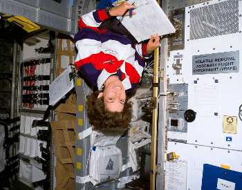 A photo of Ellen Ochoa on the STS-96 Mission on the Space Shuttle Discovery