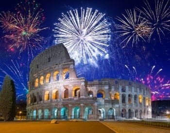 A picture of the Roman Colosseum and fireworks