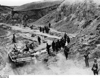 A picture of German soliders marching to Stalingrad in 1942
