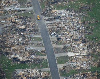 An ariel photo of a row of homes destroyed by the 2011 Joplin Tornado