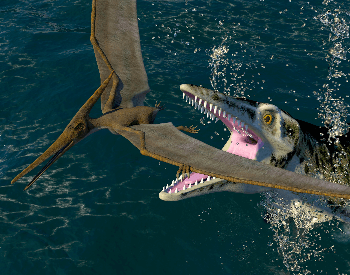 An illustration of a pteranodon being attacked by a predator