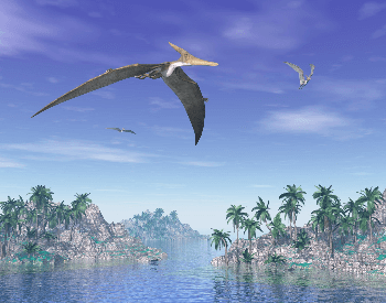 An illustration of a pteranodon flying over big lake