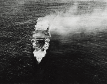 A photo of the Japanese aircraft carrier Hiryu after being attacked