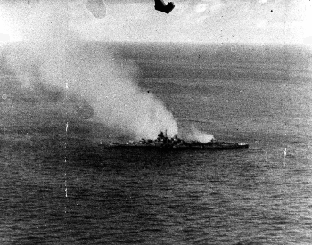 A photo of the Japanese heavy cruiser Mikuma after being attacked