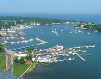A picture of Lake Erie and a marina with boats