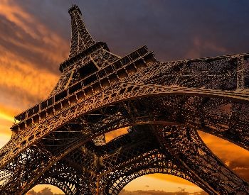 A picture of the Eiffel Tower as if you were standing under it