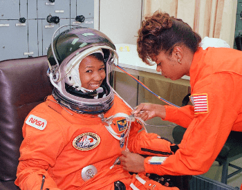 A photo of Mae Jemison sutting up for the STS-47 Space Shuttle mission