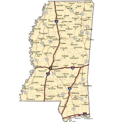 A Map of the U.S. state Mississippi