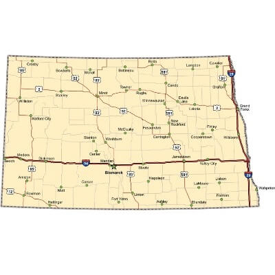 A Map of the U.S. state North Dakota