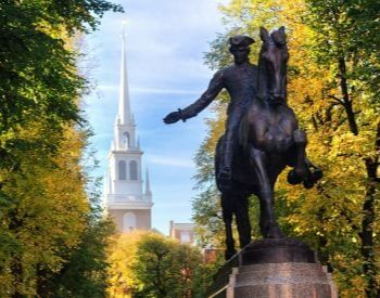 A picture of the Paul Revere statue at the Old North Church